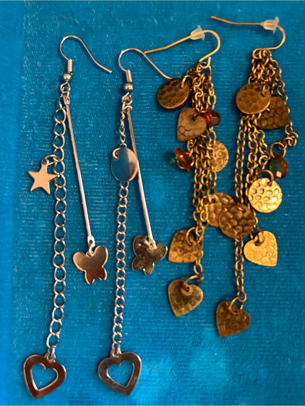 ❤️🦋⭐️Long Costume Earrings Set – Silver-Tone Mixed Charms & Gold-Tone Hearts